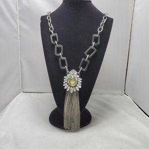 Bijou long silver link necklace with medallion  & rhinestones & fringes